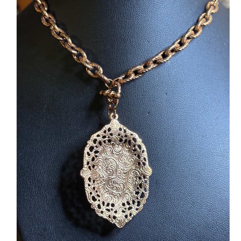 Amethyst Glass Quartz & Amethyst Crystal Filigree Pendant Necklace 30" - Picture 6 of 8